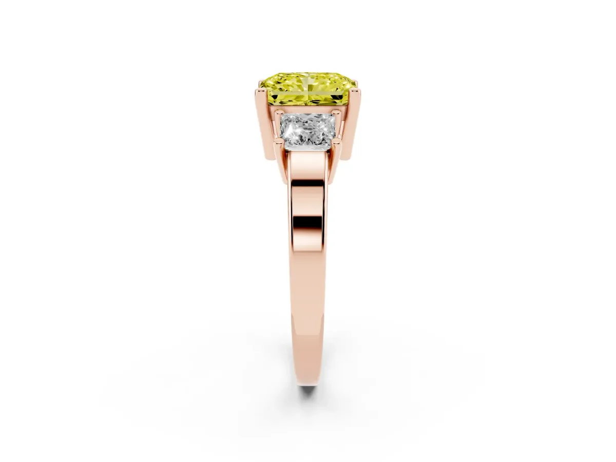 Fancy Yellow Three-Stone Radiant Cut Cut Solitaire Ring with Prong Setting Rose gold