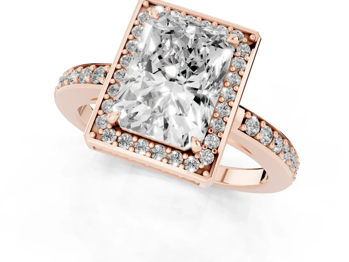 Radiant Cut Halo Pave Band Solitaire Ring with Prong Setting Rose gold