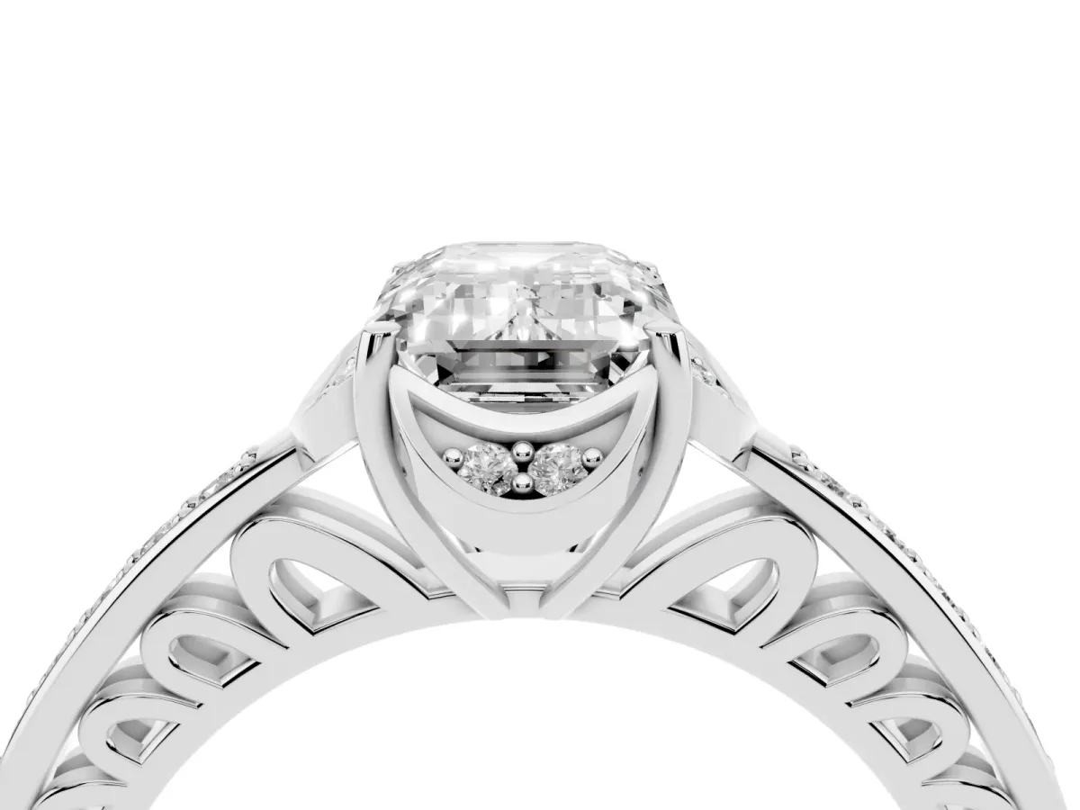 Emerald Cut Cut Halo Diamond Ring with Channel Set Band and Four-Prong Setting Silver