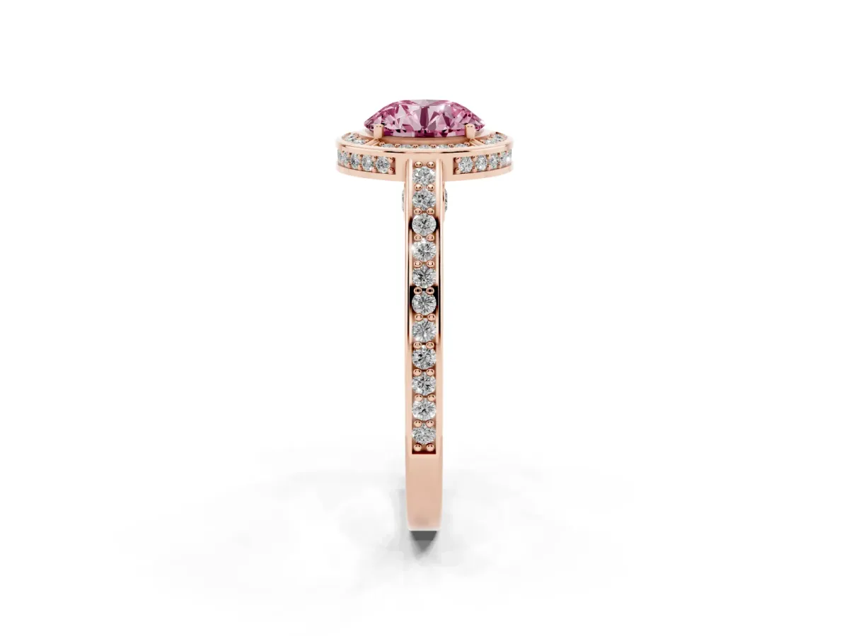 Fancy Pink Round Cut Cut Halo Pave Split Shank Prong Setting Ring Rose gold