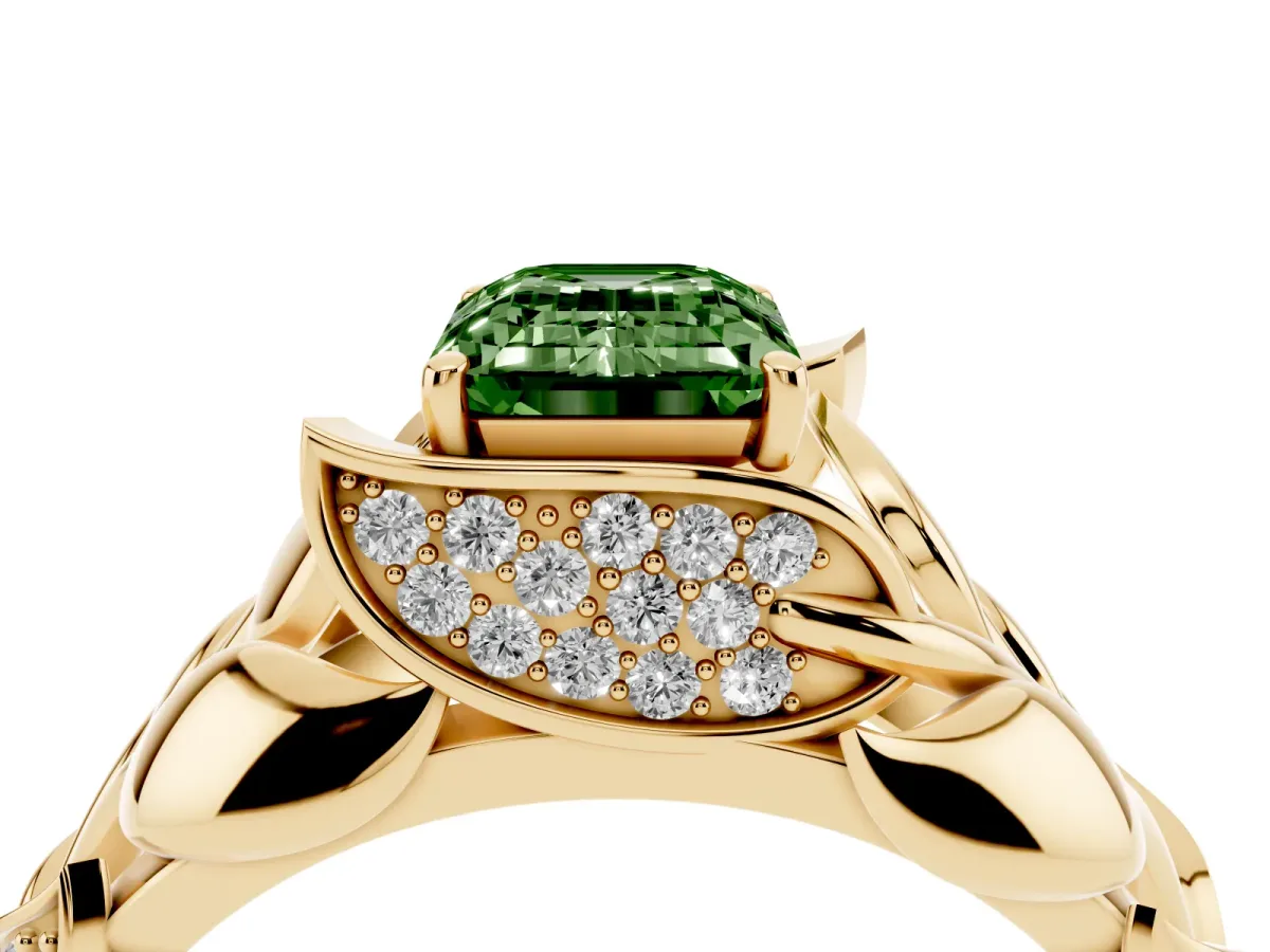 Fancy Green Emerald Cut Diamond Leaf-Inspired Engagement Ring with Round Accents and Prong Setting Yellow gold