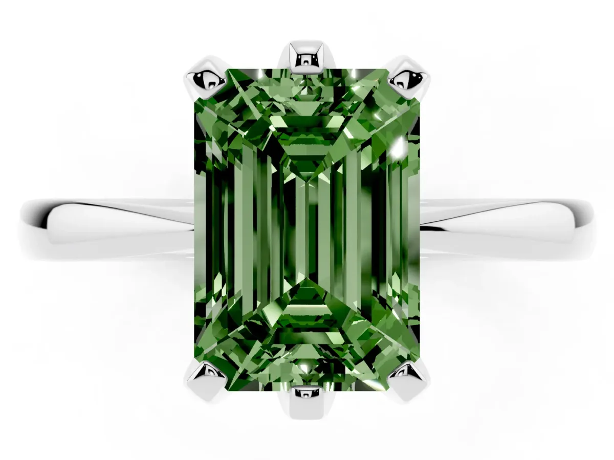 Fancy Green Emerald Cut Solitaire Engagement Ring with Six-Prong Setting and Tapered Band Platinum