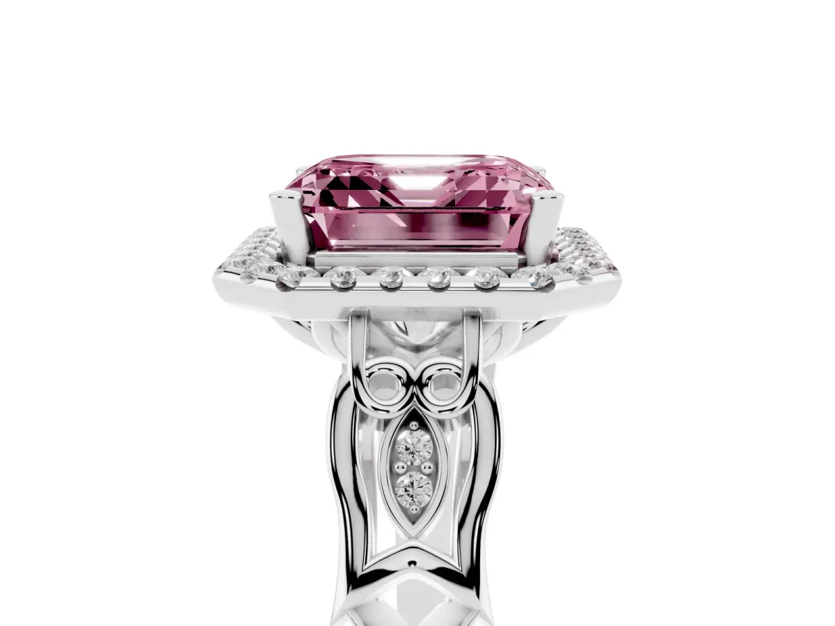 Fancy Pink Asscher Cut Halo Diamond Engagement Ring with Filigree Band and Four-Prong Setting Platinum