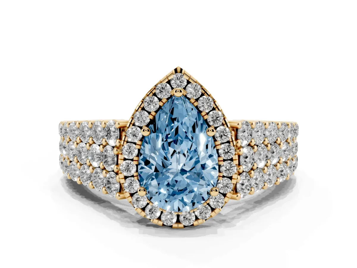 Fancy Blue Pear Cut Diamond Halo Engagement Ring with Triple Row Round Pavé Band and Prong Setting Yellow gold