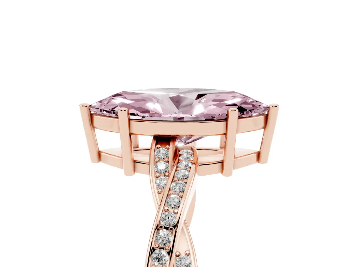 Fancy Pink Marquise Cut Solitaire Twisted Pave Diamond Ring with Four-Prong Setting Rose gold