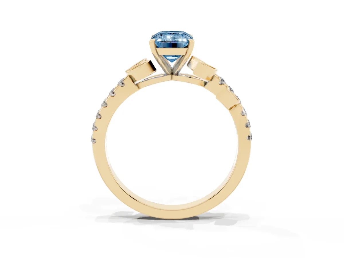 Fancy Blue Emerald Cut Solitaire Leaf-Inspired Diamond Ring with Pavé Band and Four-Prong Setting Yellow gold