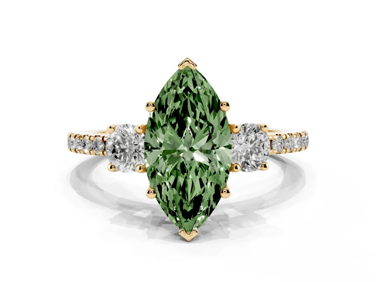Fancy Green Three-Stone Marquise Cut Cut Diamond Pavé Band with Prong Setting Yellow gold