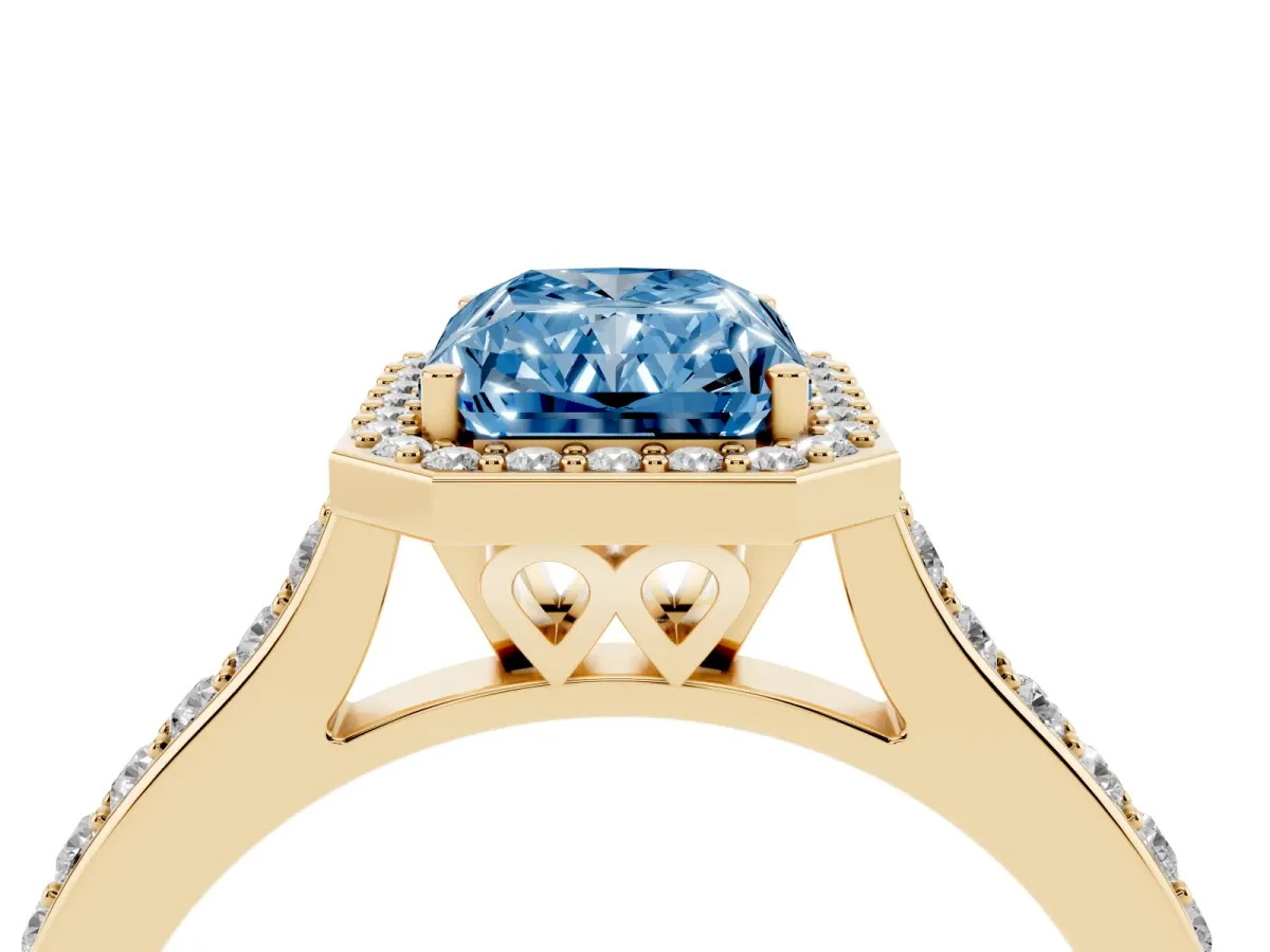 Fancy Blue Radiant Cut Diamond Halo Engagement Ring with Round Pavé Shoulders and Prong Setting Yellow gold