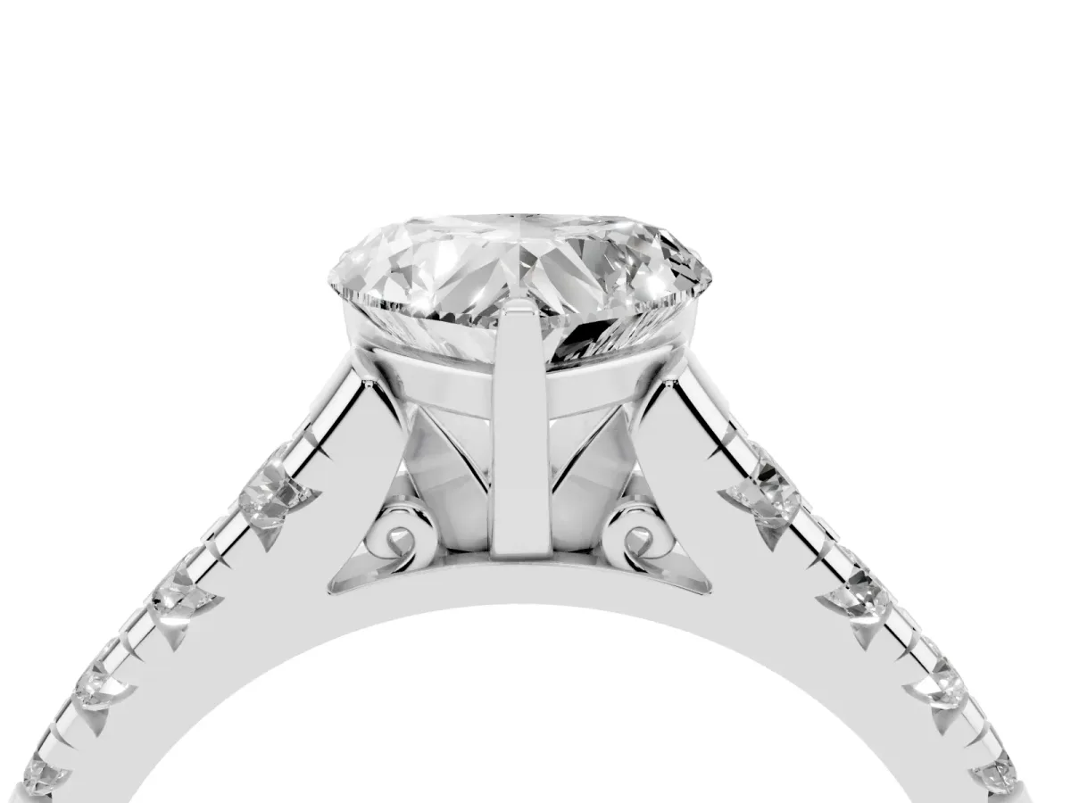 Heart Cut Diamond Cathedral Solitaire Ring with Round Pavé Band Silver