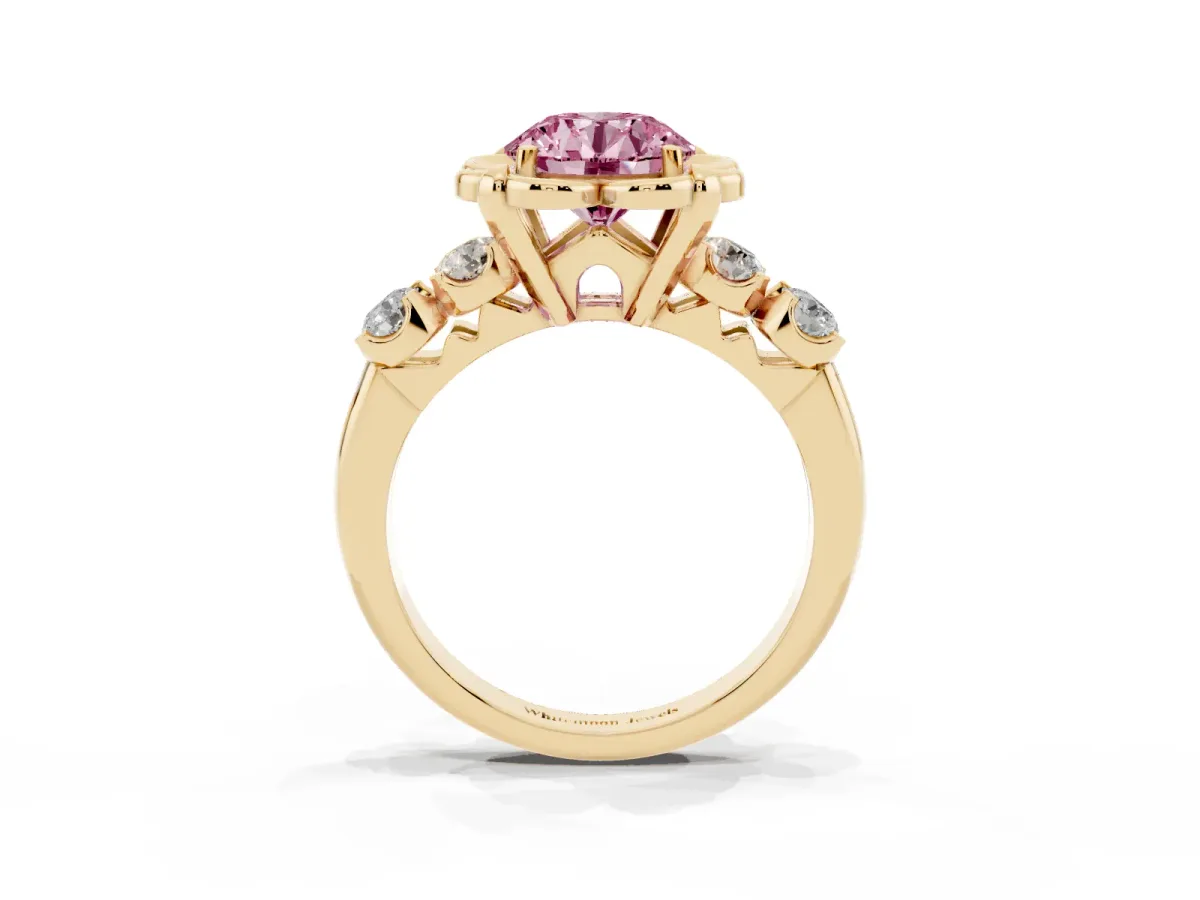 Fancy Pink Round Cut Cut Diamond Floral Halo Engagement Ring with Shared Prong Setting Yellow gold
