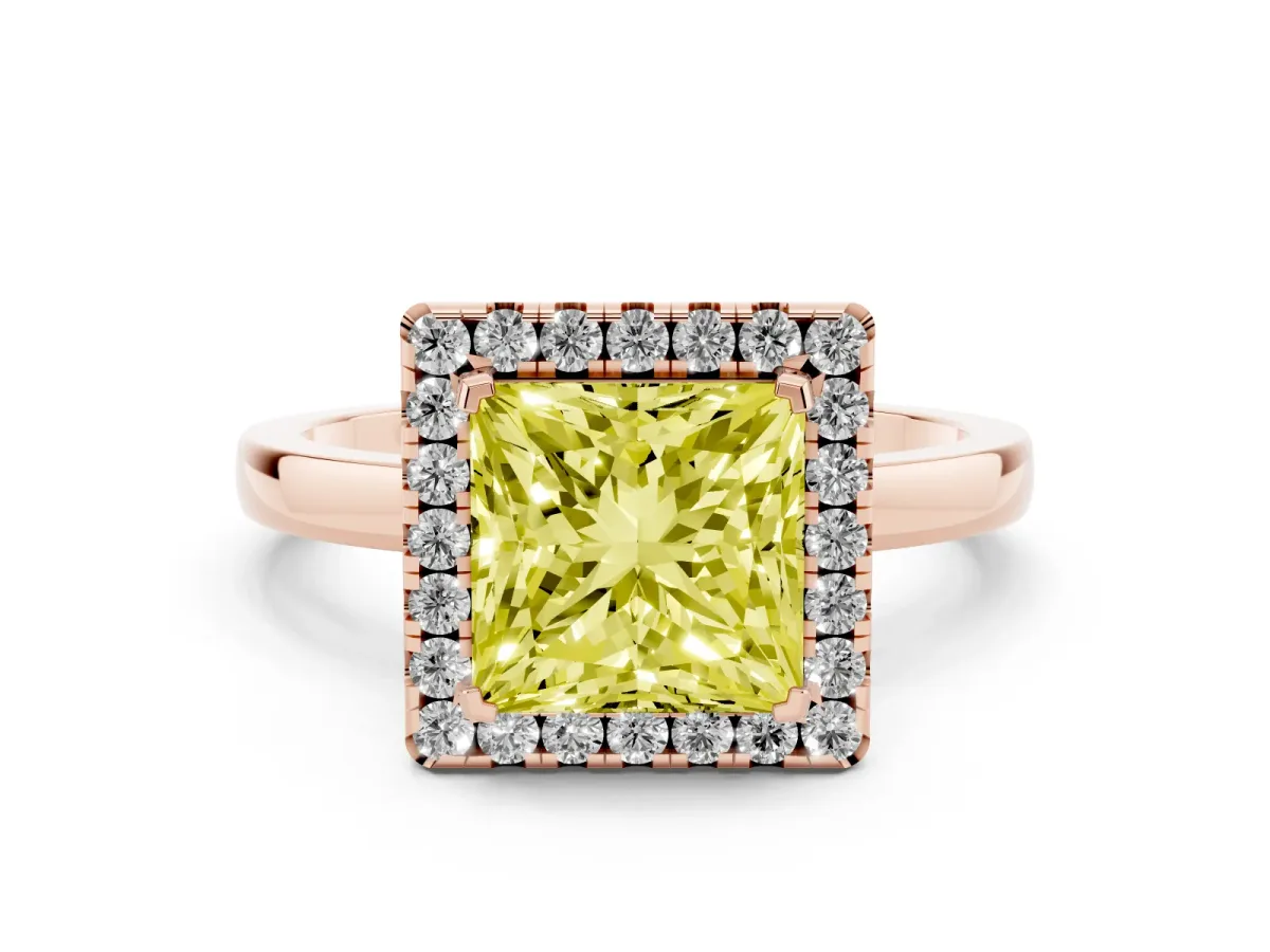 Fancy Yellow Princess Cut Halo Diamond Solitaire with Pavé Band and Four-Prong Setting Rose gold