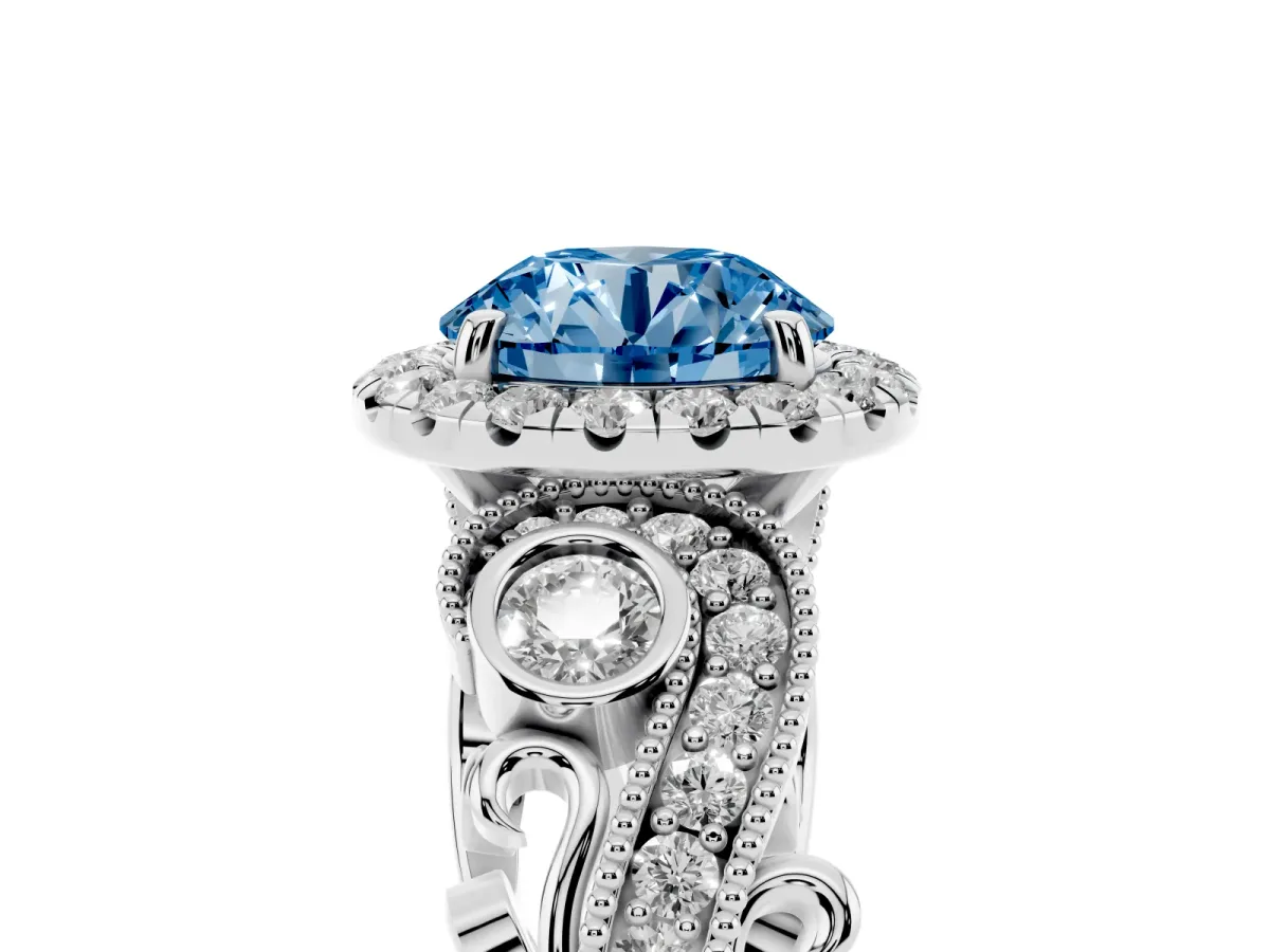 Fancy Blue Round Cut Diamond Halo Ring with Milgrain Pavé Band and Four-Prong Setting Platinum
