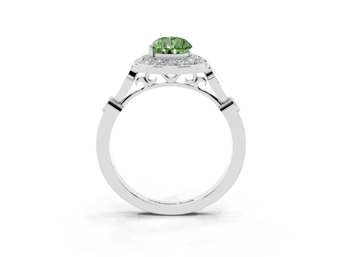 Fancy Green Pear Cut Halo Diamond Engagement Ring with Twisted Band and Four-Prong Setting Platinum
