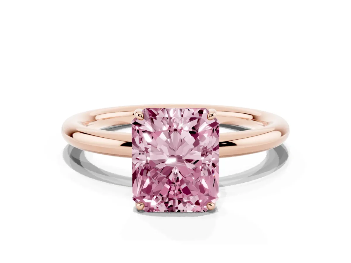 Fancy Pink Radiant Cut Solitaire Diamond Ring with Four-Prong Setting on a Plain Band Rose gold
