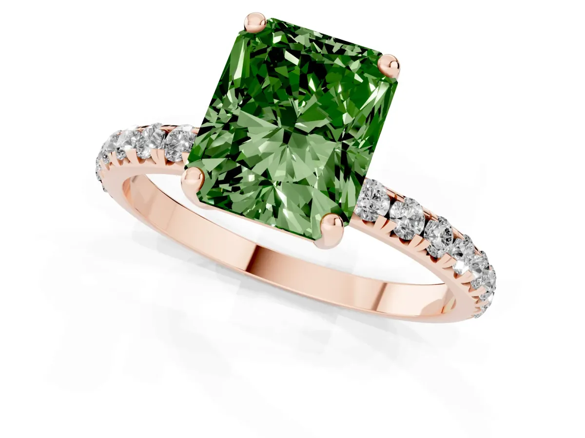 Fancy Green Radiant Cut Cut Diamond Solitaire Ring with Micro Pave Band and Four Prong Setting Rose gold