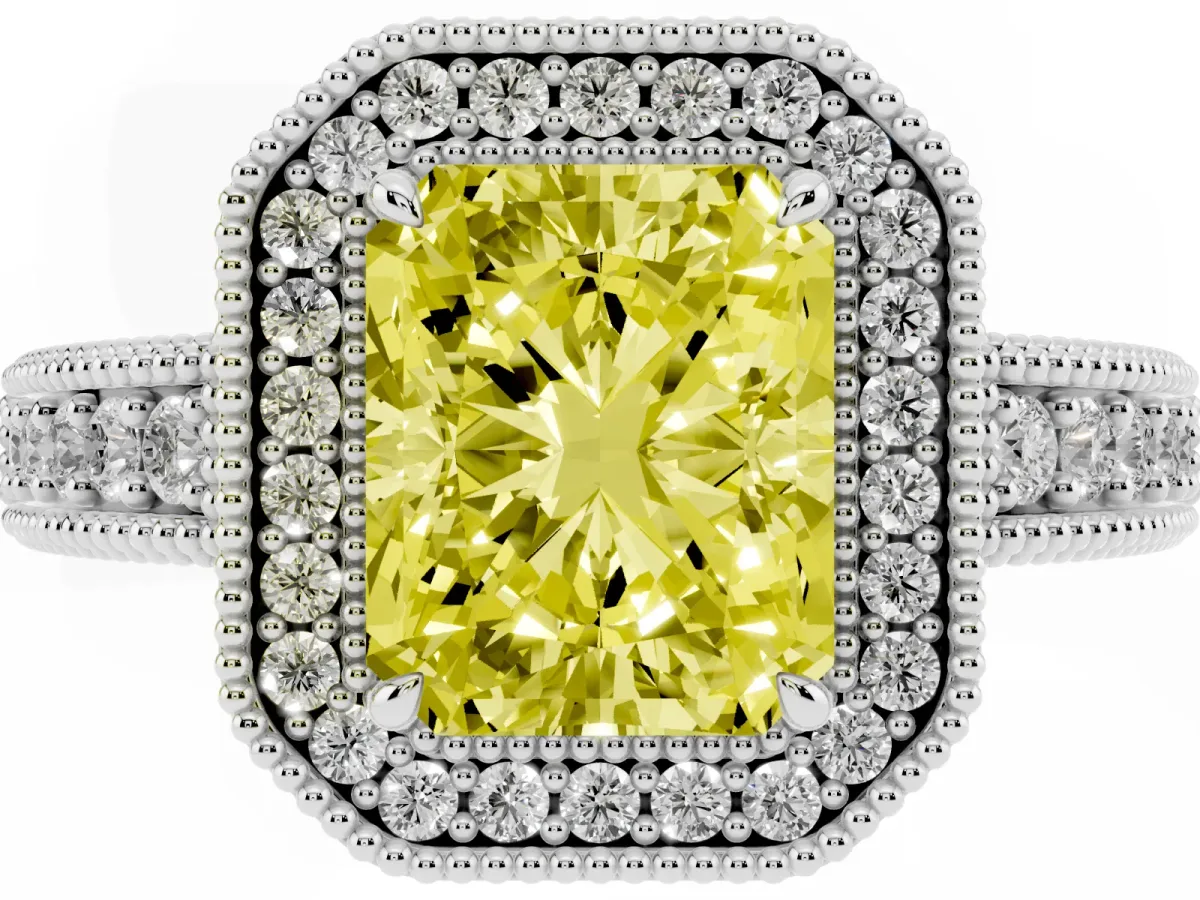 Fancy Yellow Radiant Cut Cut Halo Diamond Ring with Pavé Band and Four-Prong Setting Silver