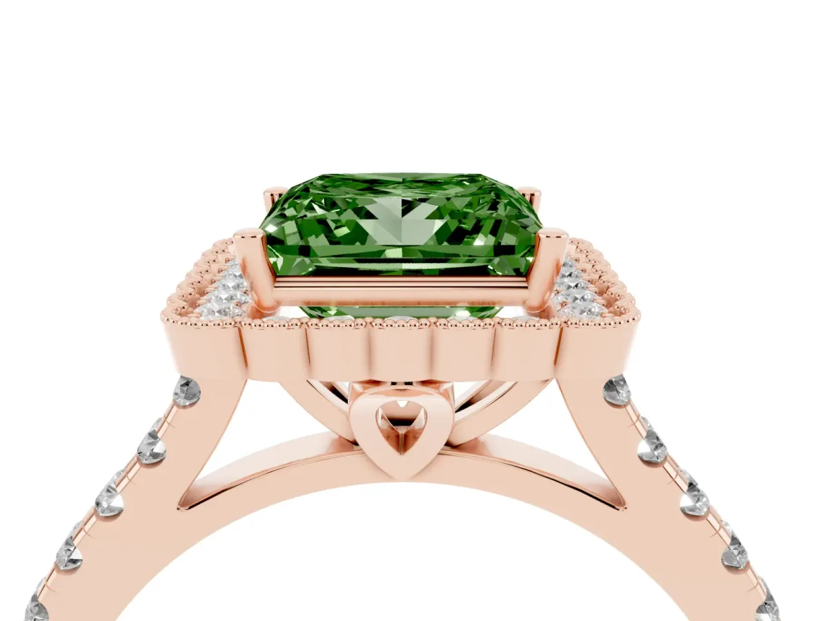 Fancy Green Princess Cut Cut Diamond Milgrain Floral Halo Engagement Ring with Pavé Band Rose gold
