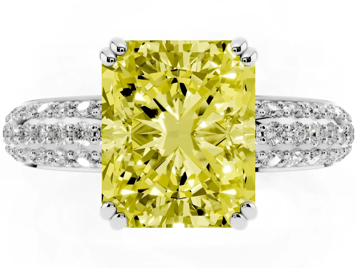Fancy Yellow Radiant Cut Diamond Solitaire Ring with Multi-Row Round Pavé Band and Prong Setting White gold