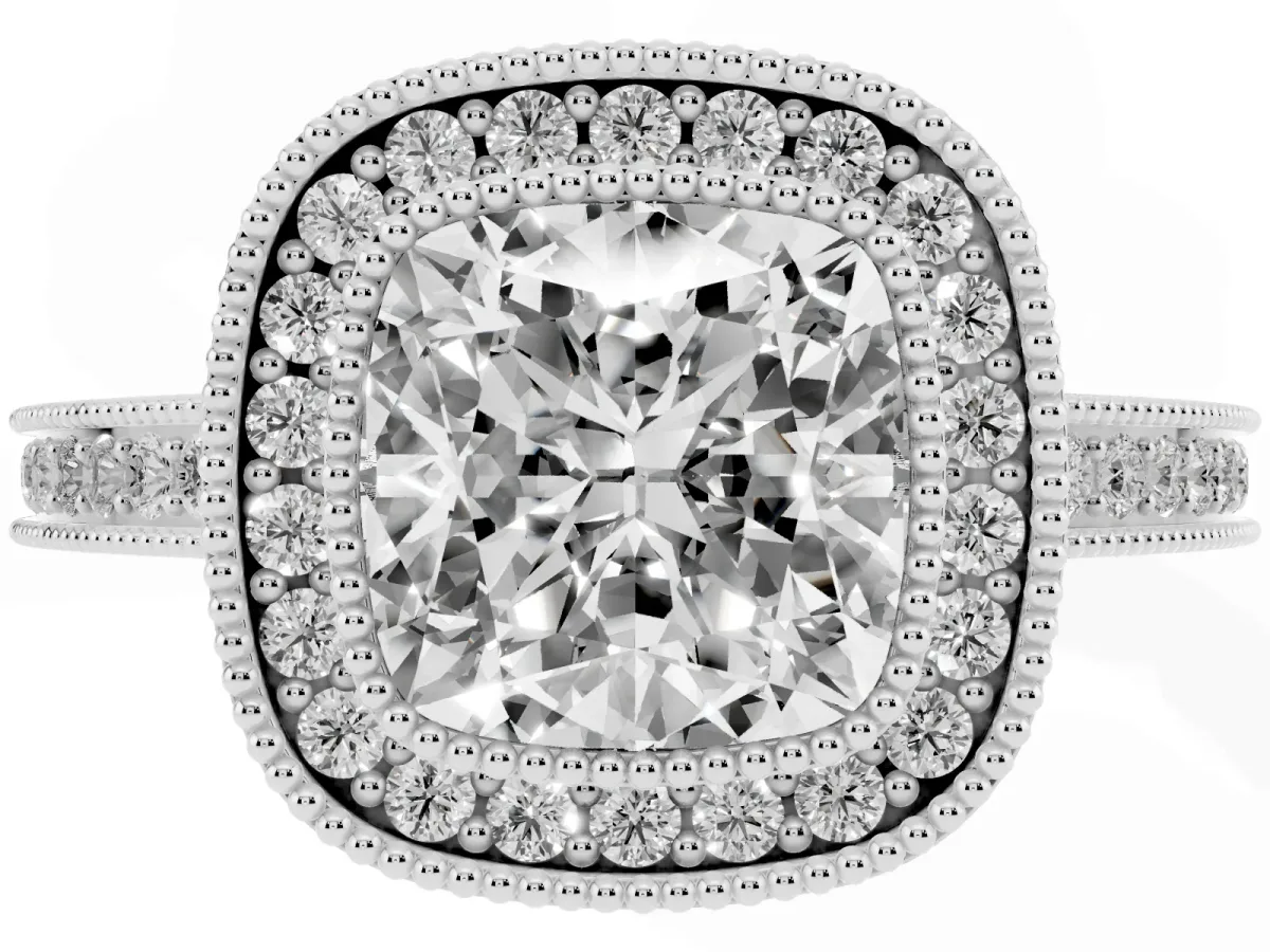 Cushion Cut Cut Halo Diamond Ring with Pavé Band and Milgrain Prong Setting Platinum