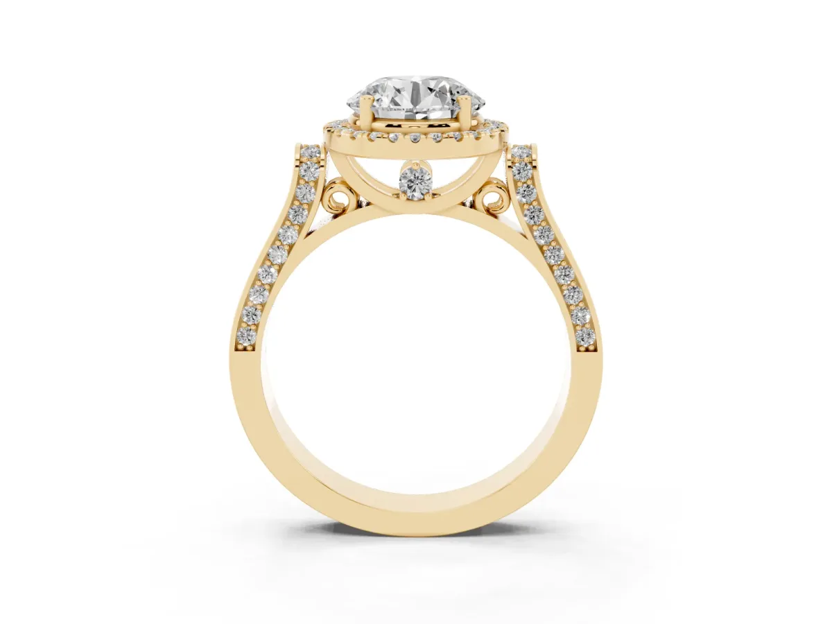 Round Cut Halo Pave Split Shank Prong Setting Ring Yellow gold