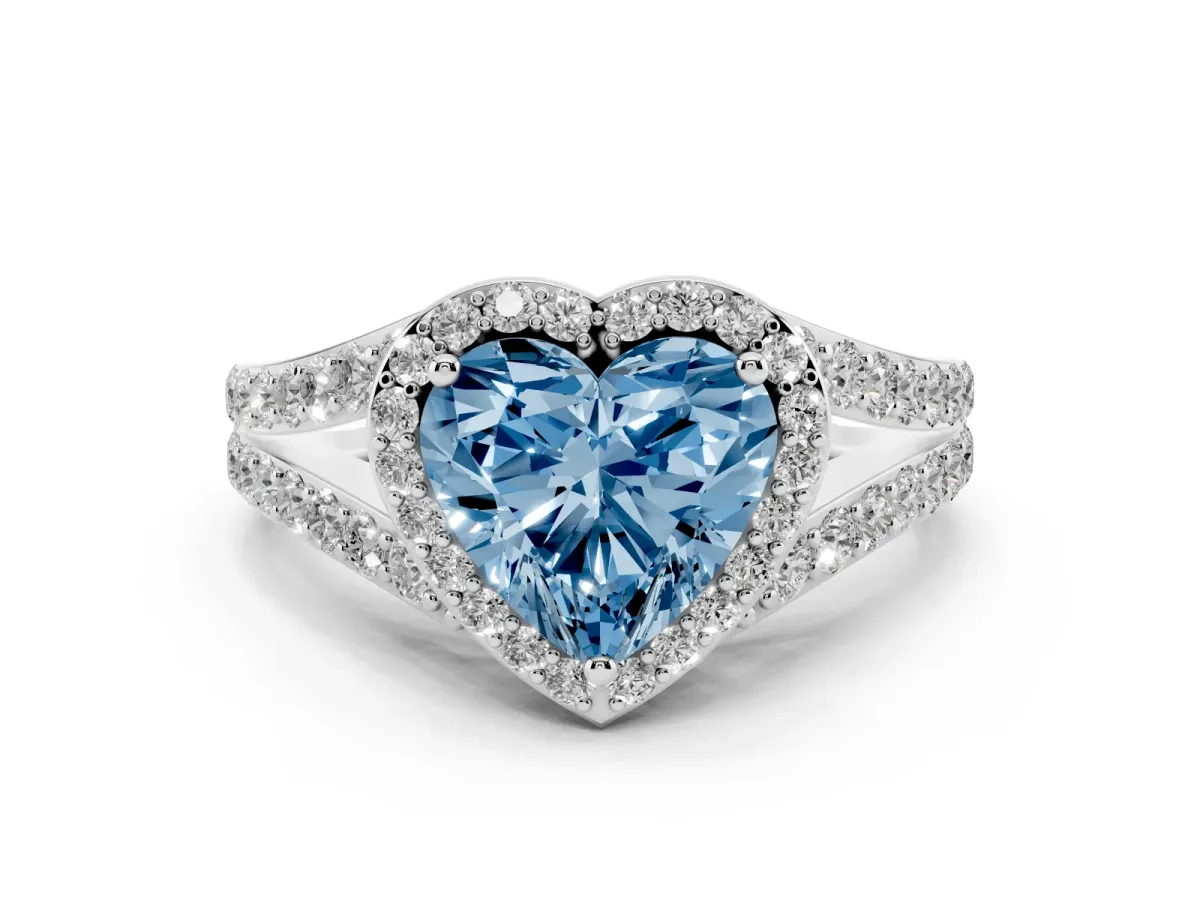 Fancy Blue Heart Cut Diamond Split Shank Halo Ring with Four-Prong Setting White gold