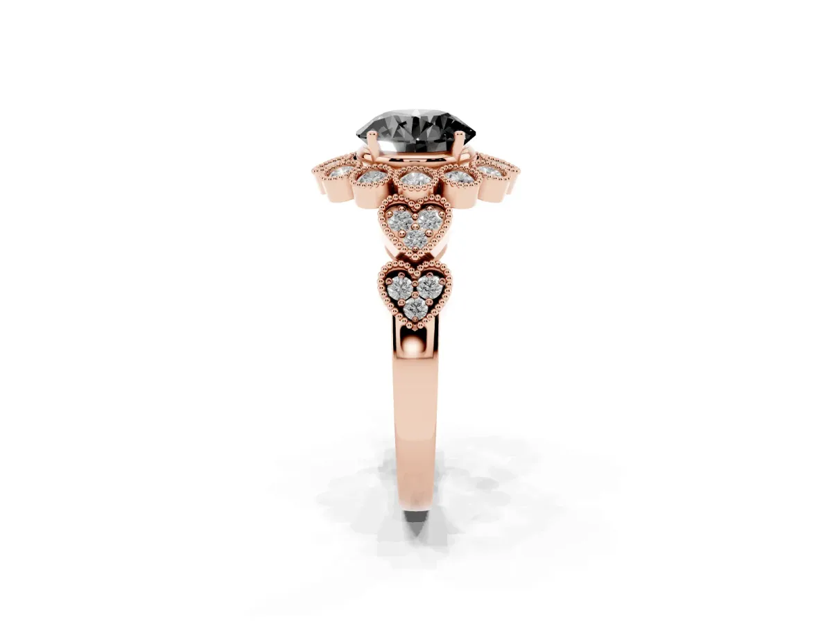 Fancy Black Round Cut Brilliant Milgrain Pave Heart Band Solitaire Ring Rose gold