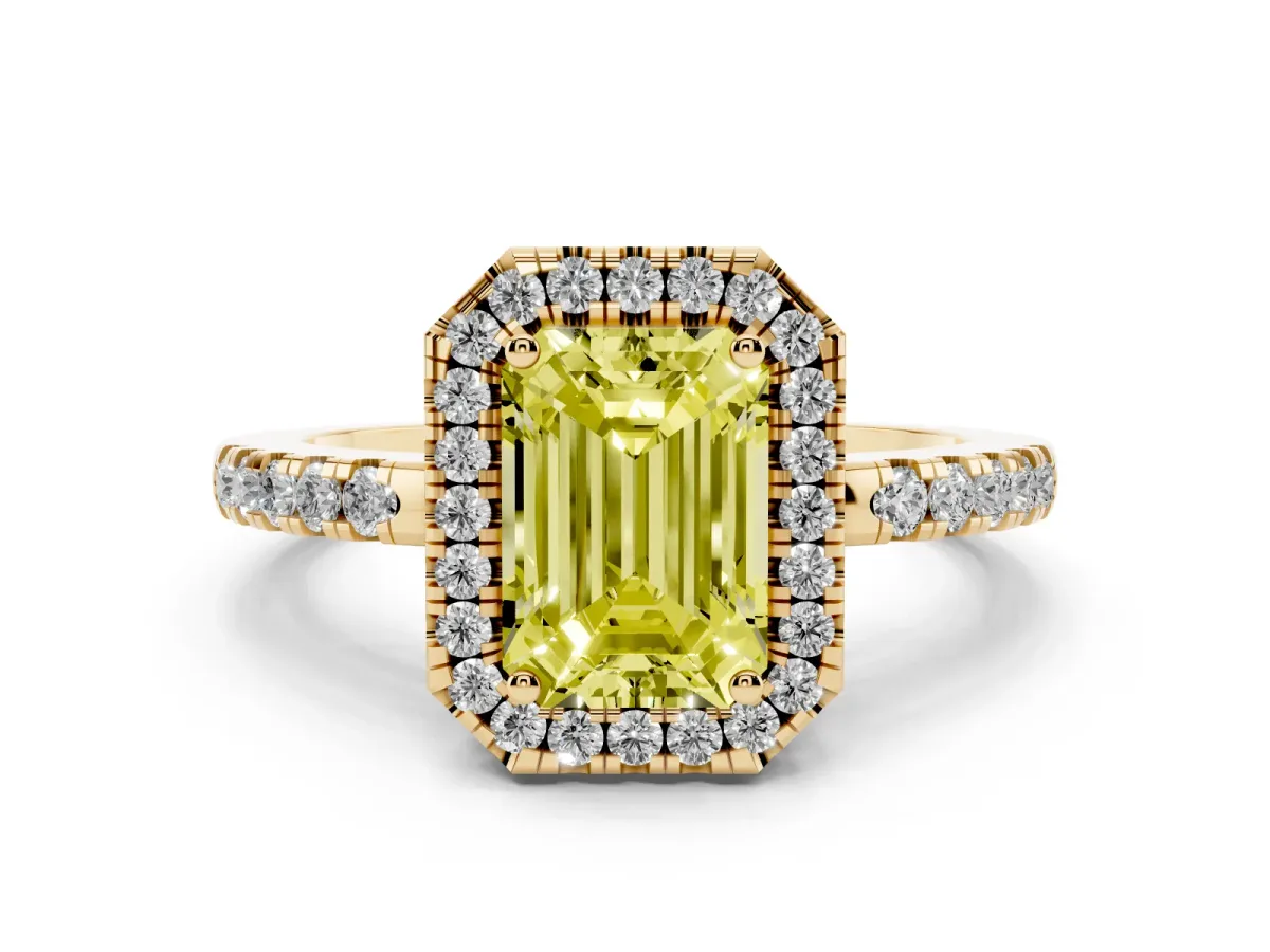 Fancy Yellow Emerald Cut Halo Diamond Engagement Ring with Pavé Band and Four-Prong Setting Yellow gold