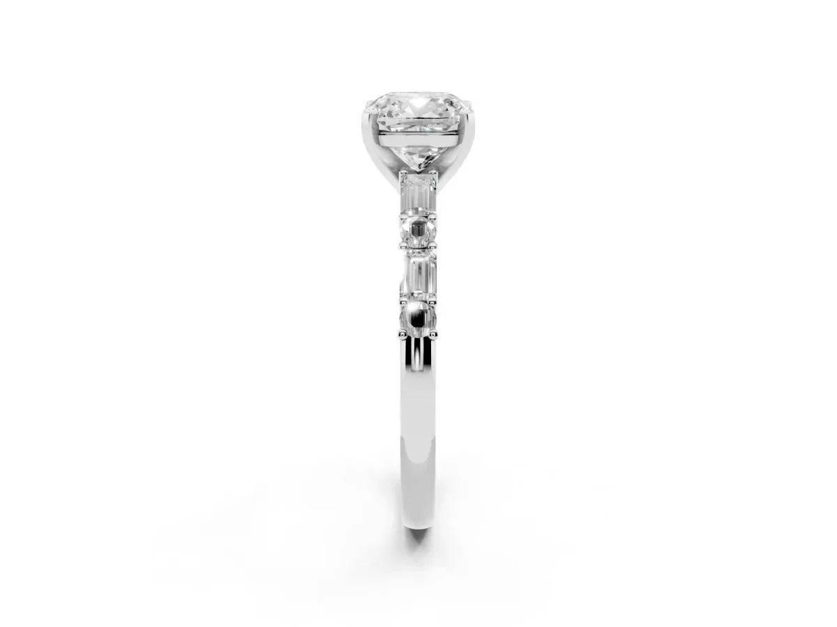 Cushion Cut Diamond Solitaire with Side Baguettes and Channel Set Band Platinum