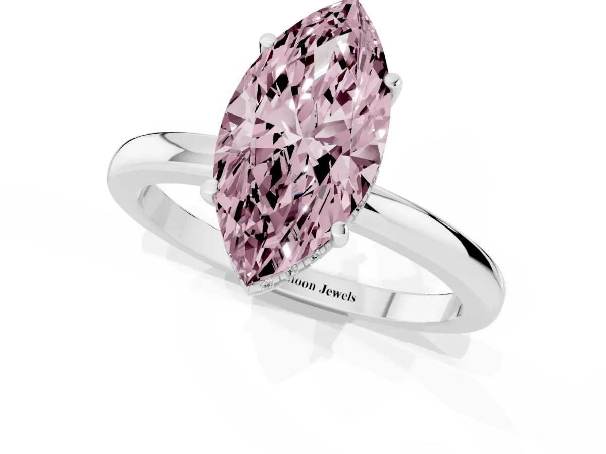 Fancy Pink Marquise Cut Solitaire Diamond Ring with Prong Setting and Plain Band Silver