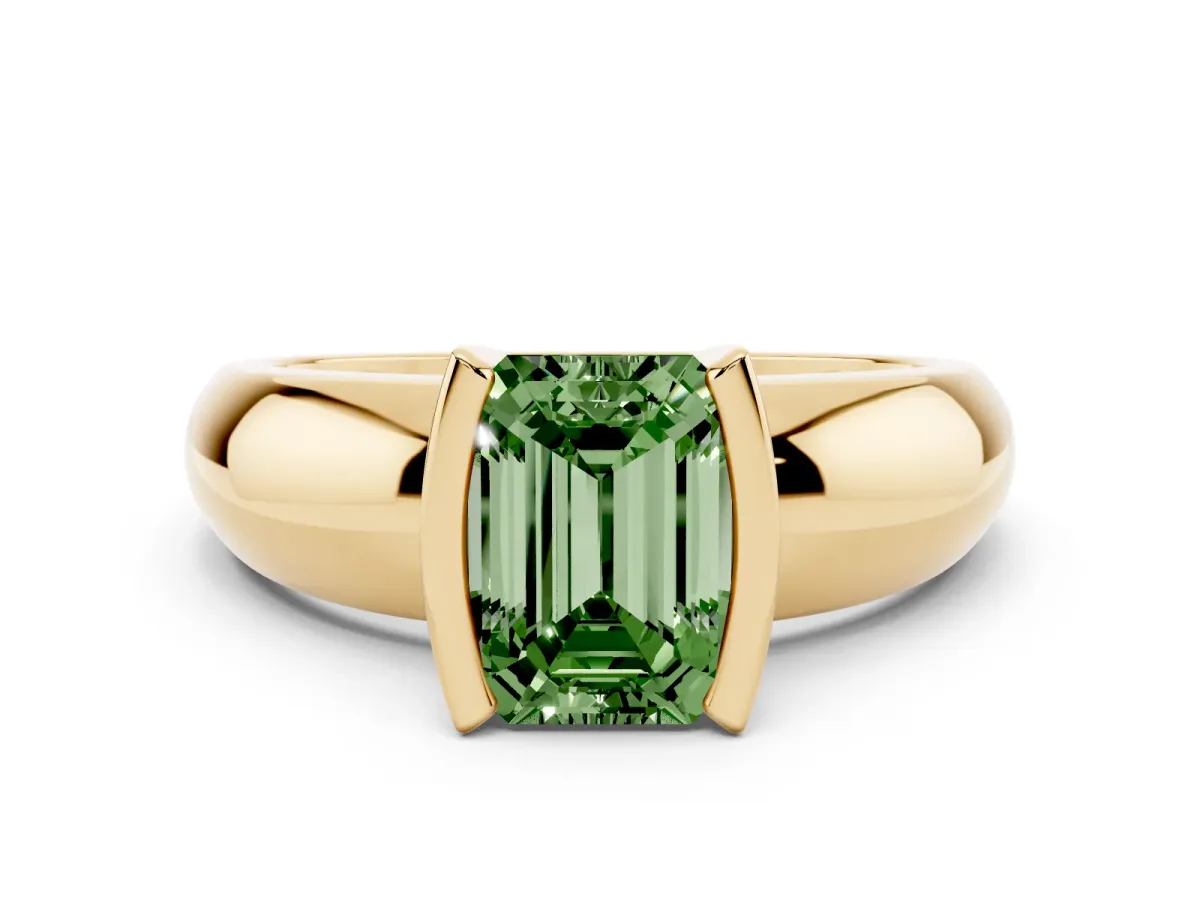 Fancy Green Emerald Cut Solitaire Tension Set Diamond Ring with Wide Band Yellow gold
