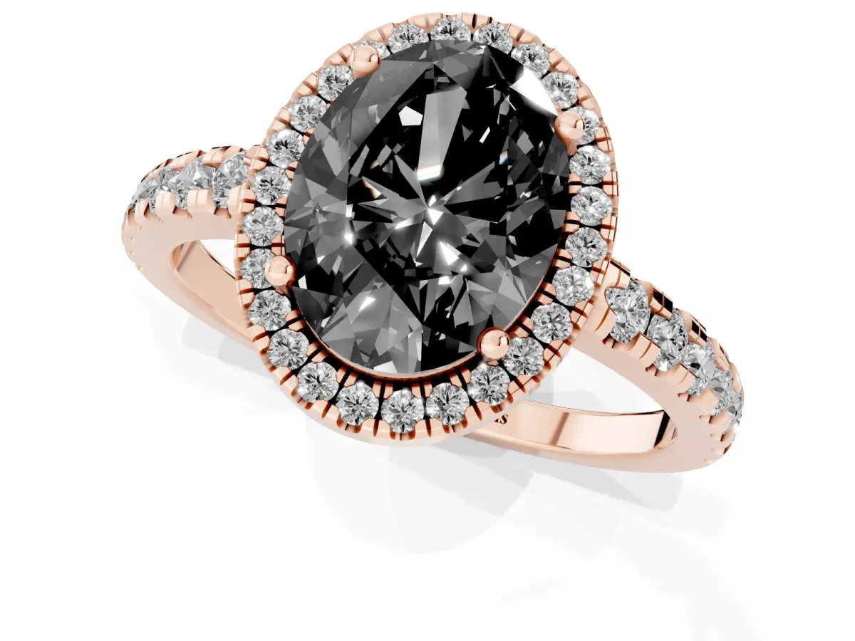 Fancy Black Oval Cut Diamond Halo Ring with Pavé Band and Four-Prong Setting Rose gold
