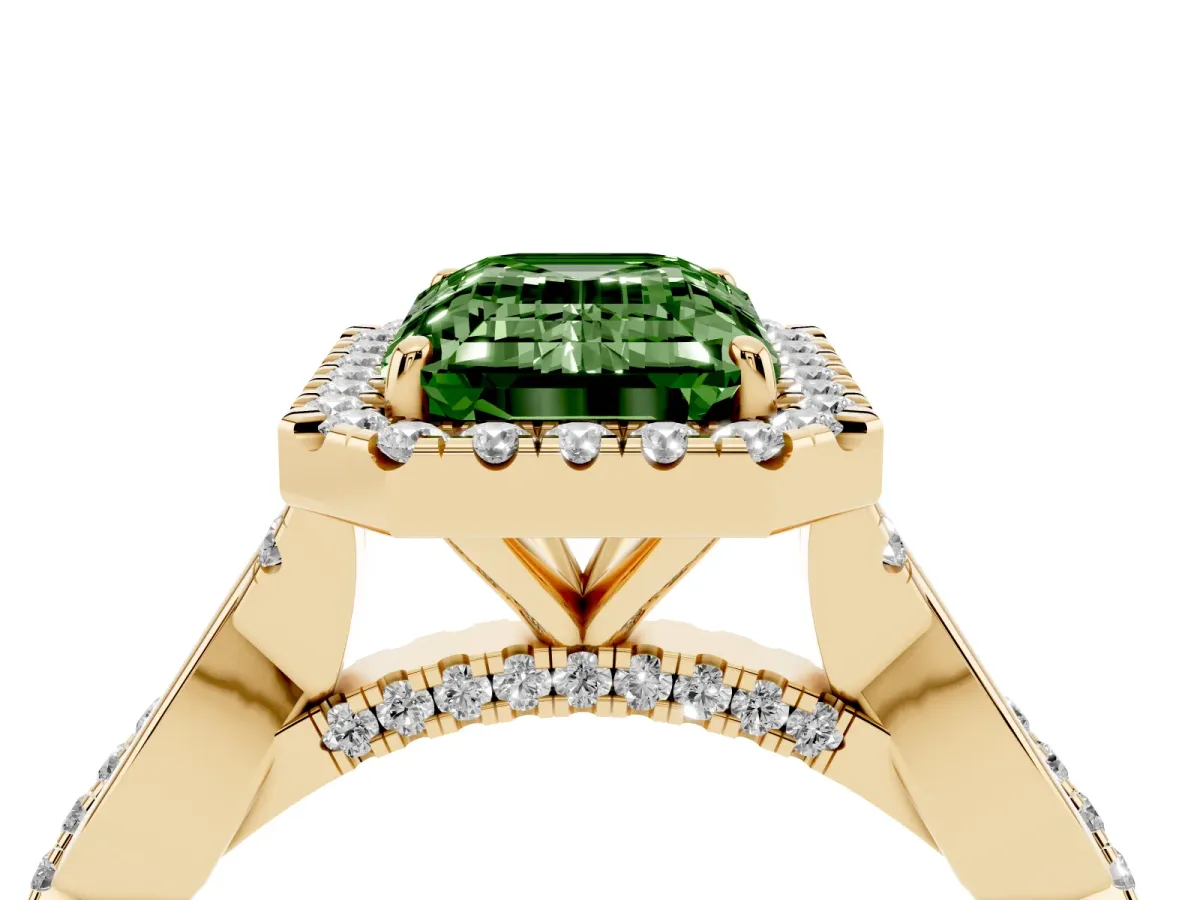 Fancy Green Emerald Cut Halo Twist Band Solitaire Ring Yellow gold