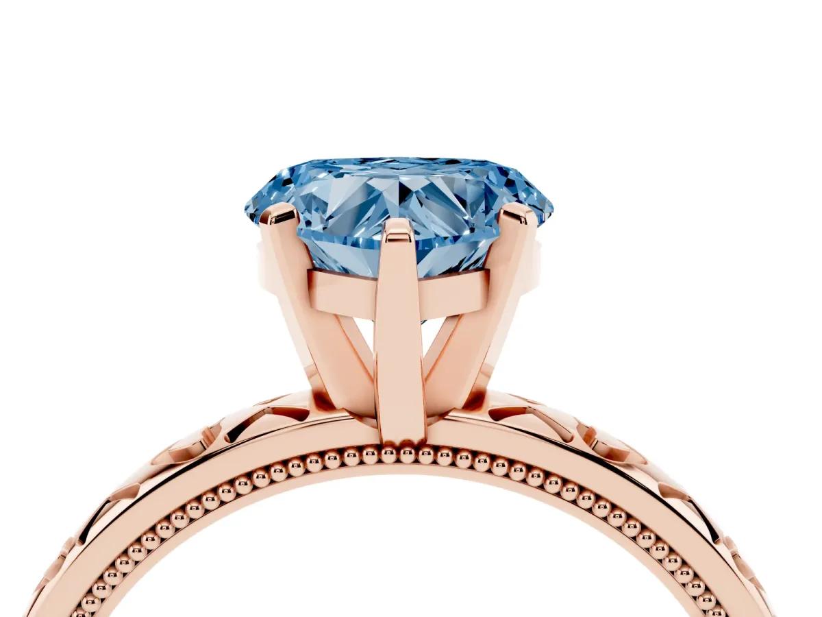 Fancy Blue Heart Cut Solitaire Diamond Engagement Ring with XO Engraved Band and Four-Prong Setting Rose gold