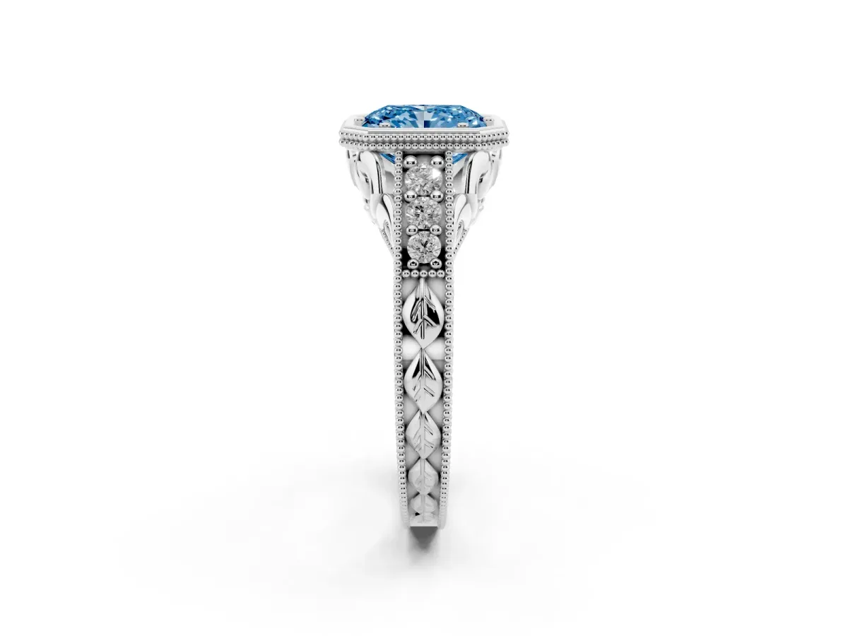 Fancy Blue Bezel Set Radiant Cut Diamond Milgrain Pave Engagement Ring Silver