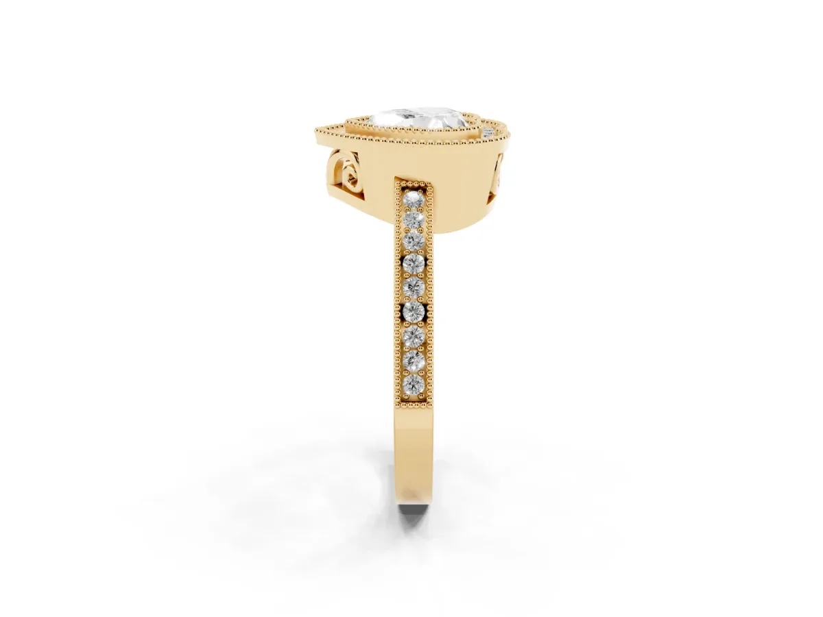 Heart Cut Cut Halo Diamond Ring with Pavé Band and Milgrain Prong Setting Yellow gold