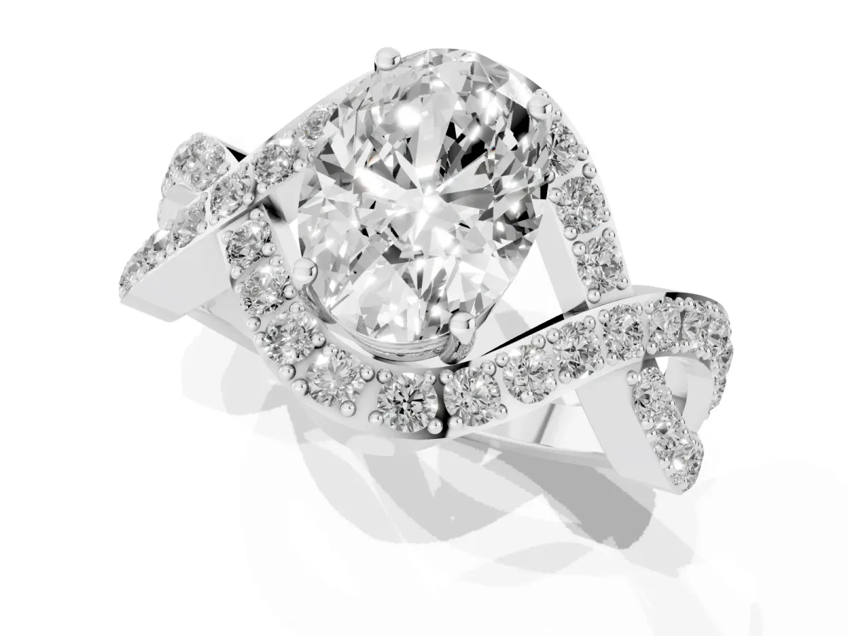 Oval Cut Solitaire Twist Band Pavé Diamond Engagement Ring Silver