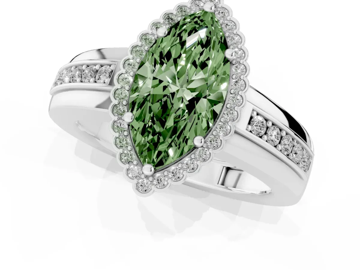 Fancy Green Marquise Cut Cut Halo Pave Band Four-Prong Ring Silver