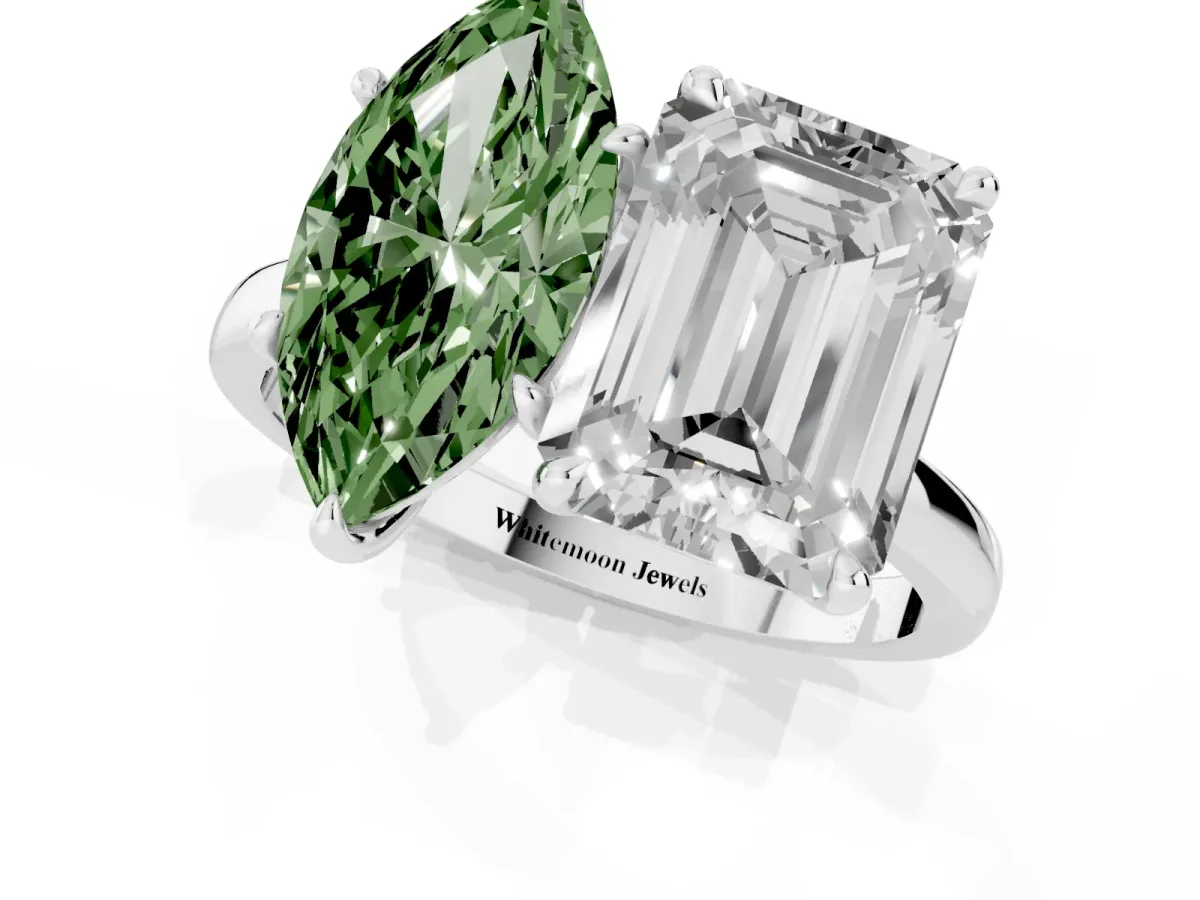 Fancy Green Marquise Cut and Emerald Cut Toi Moi Ring with Prong Setting Silver