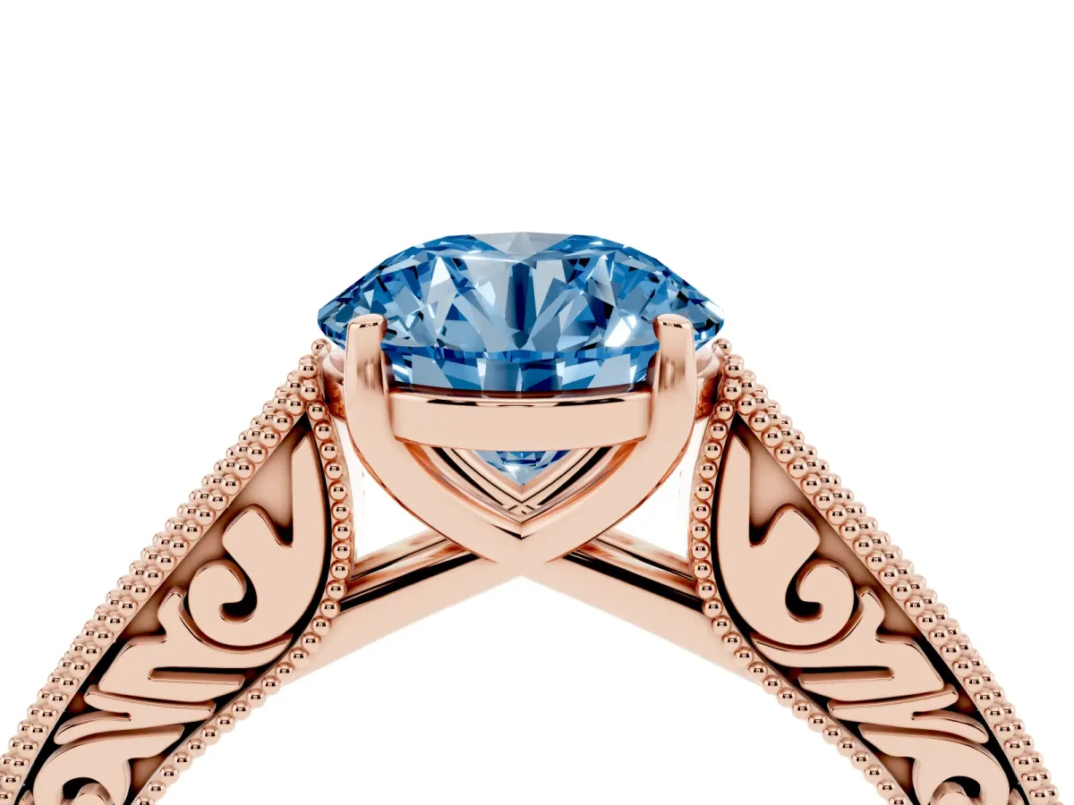 Fancy Blue Round Cut Cut Pave Band Milgrain Solitaire Ring Rose gold