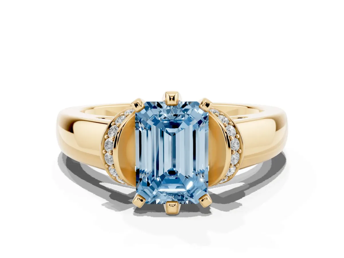 Fancy Blue Emerald Cut Solitaire Diamond Ring with Pave Band and Six-Prong Setting Yellow gold