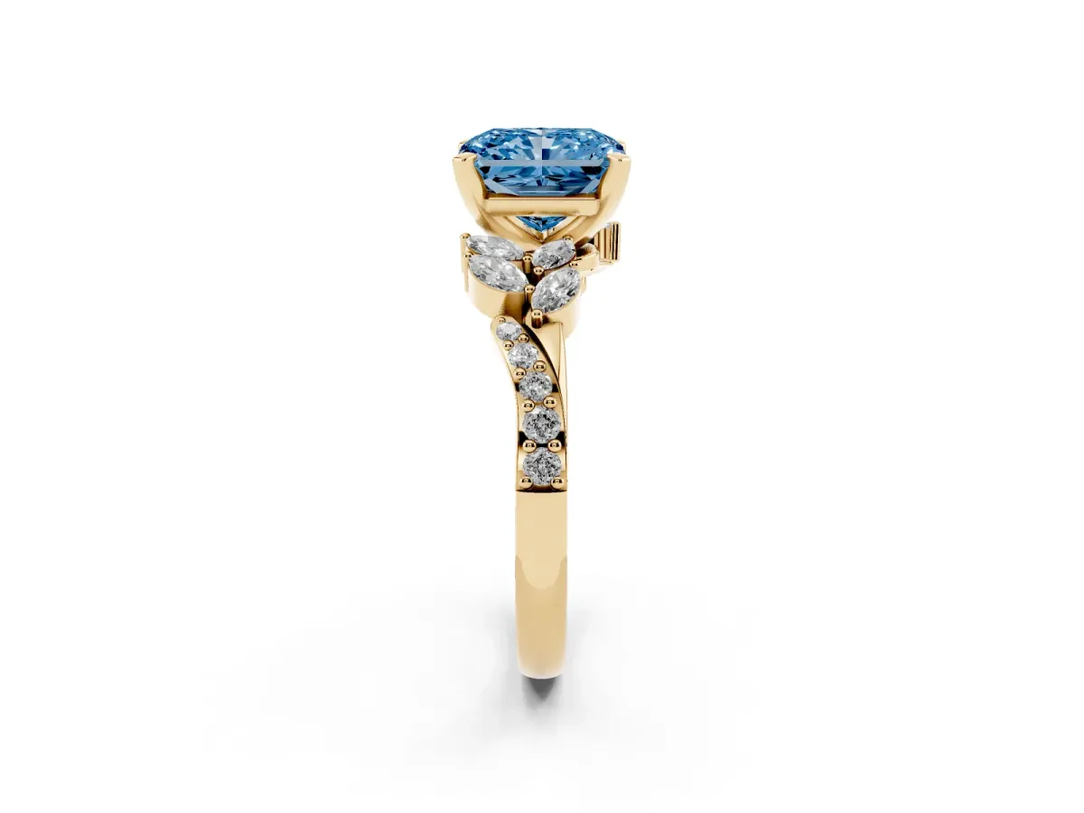 Fancy Blue Radiant Cut Solitaire Marquise Twist Band with Six-Prong Setting Yellow gold
