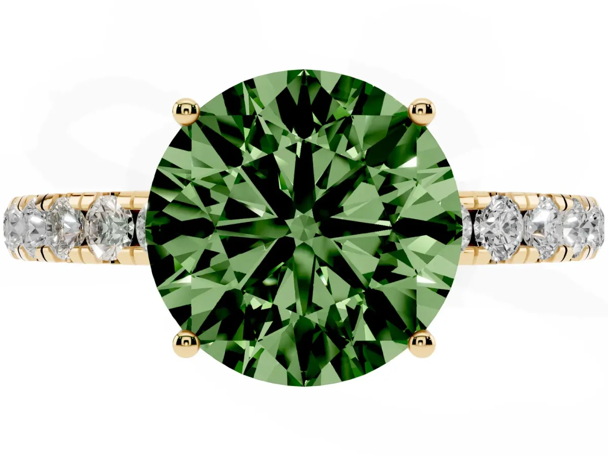Fancy Green Round Cut Diamond Pavé Solitaire Engagement Ring with Four-Prong Setting Yellow gold