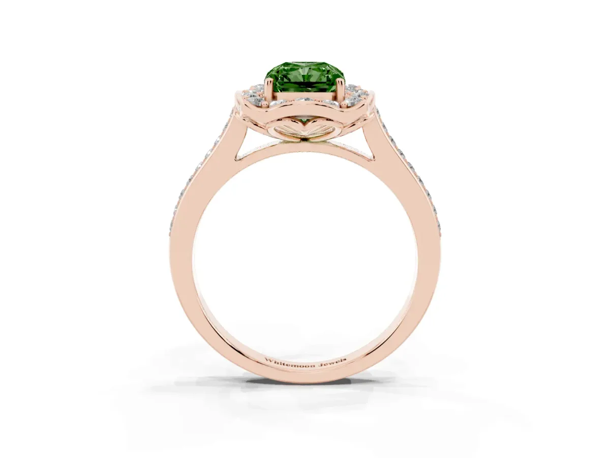 Fancy Green Radiant Cut Halo Round Diamond Pave Band with Four-Prong Setting Rose gold