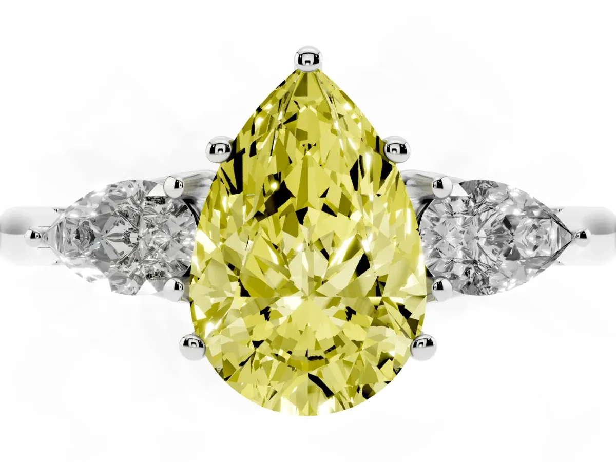 Fancy Yellow Three-Stone Pear Cut Diamond Ring with Pear Side Stones in Four-Prong Setting Platinum