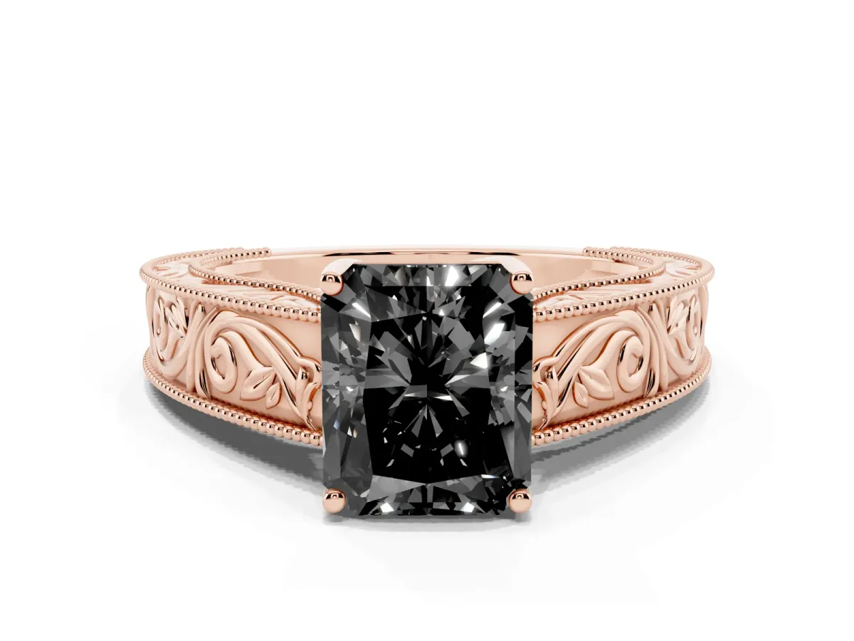 Fancy Black Radiant Cut Diamond Solitaire Ring with Engraved Band and Four-Prong Setting Rose gold