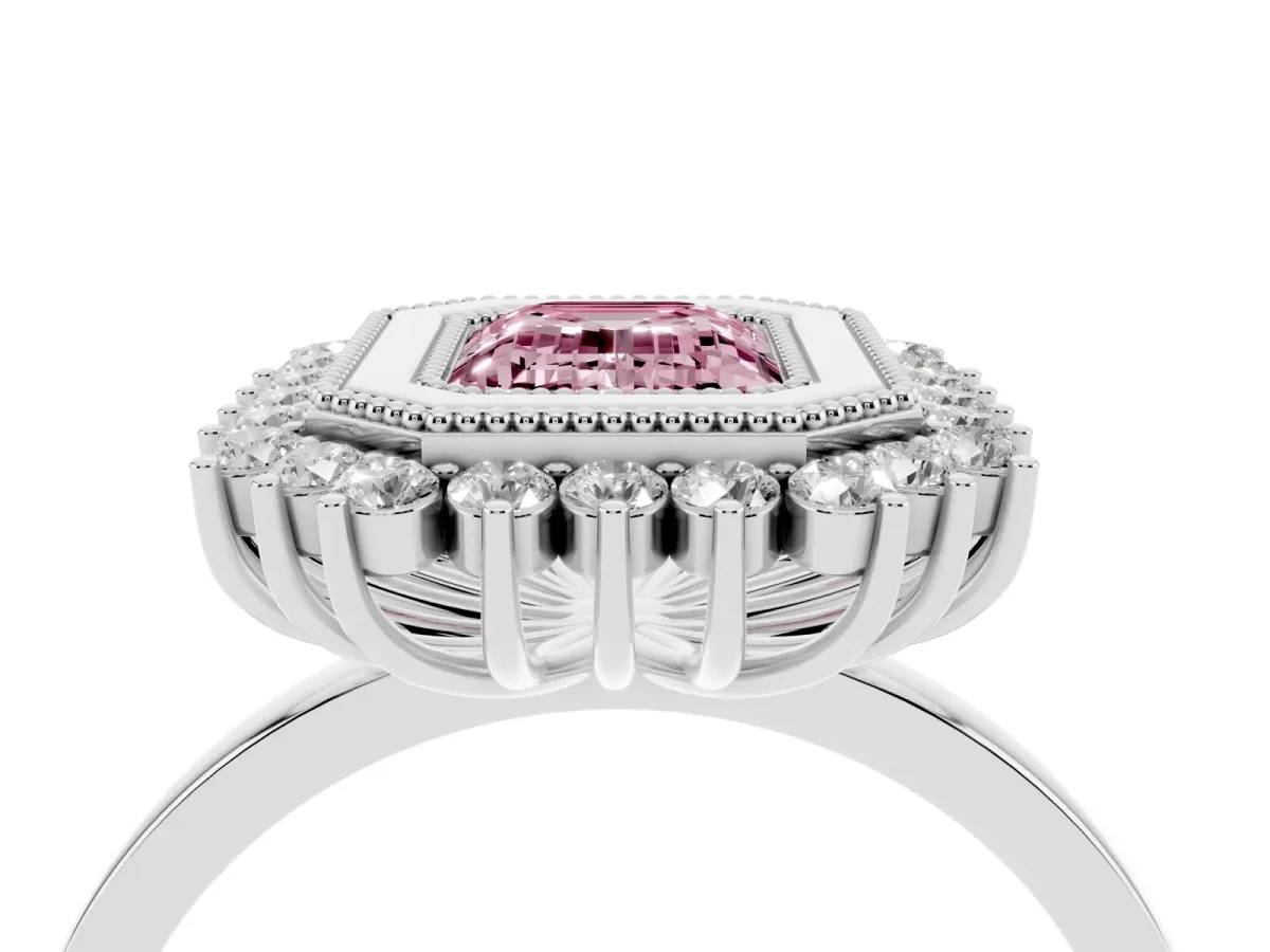 Fancy Pink Emerald Cut Halo Diamond Ring with Milgrain Edge and Round Prong Setting Silver