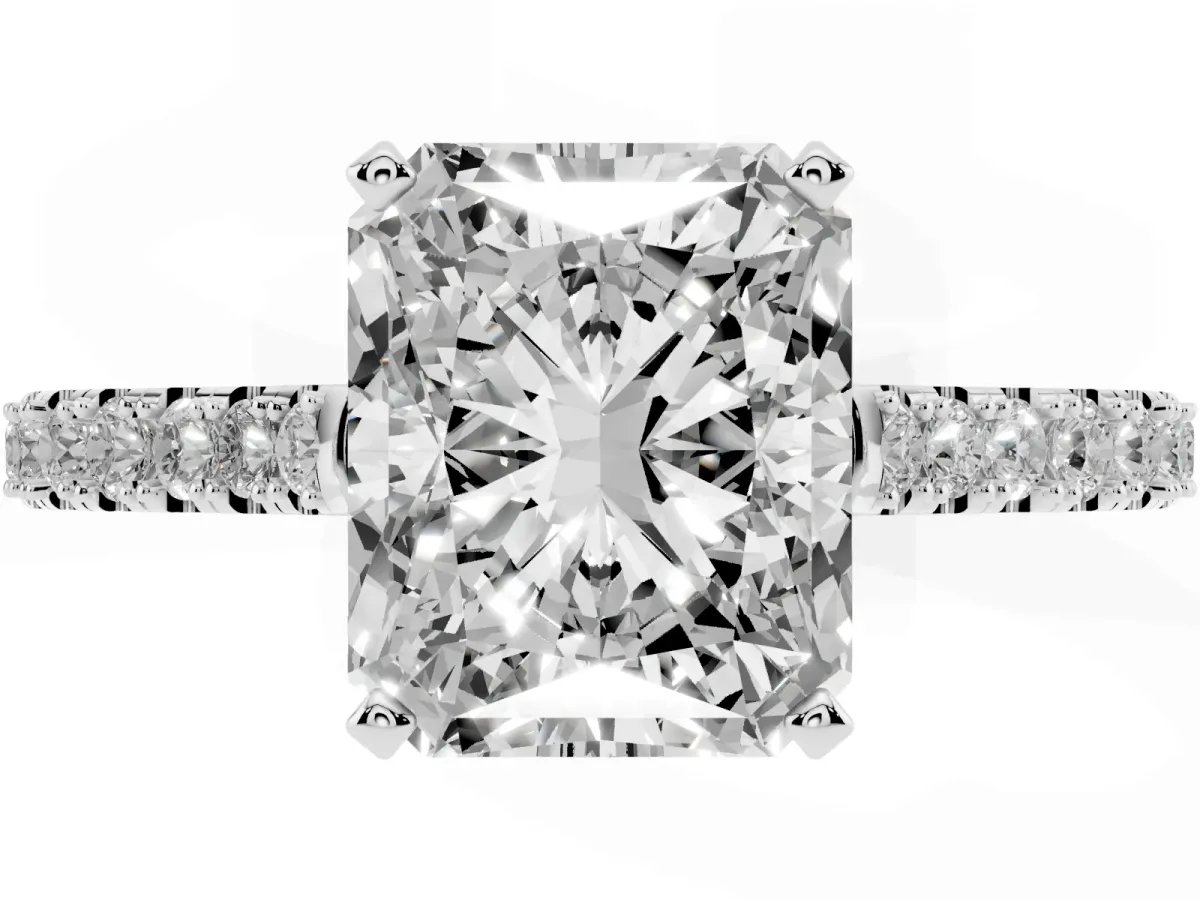 Radiant Cut Cut Solitaire Diamond Engagement Ring with Pave Band and Four-Prong Setting Platinum