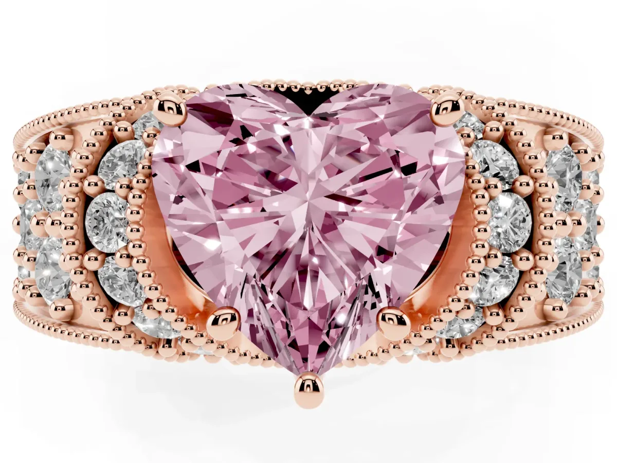 Fancy Pink Heart Cut Halo Pave Diamond Engagement Ring with Milgrain Detailing Rose gold