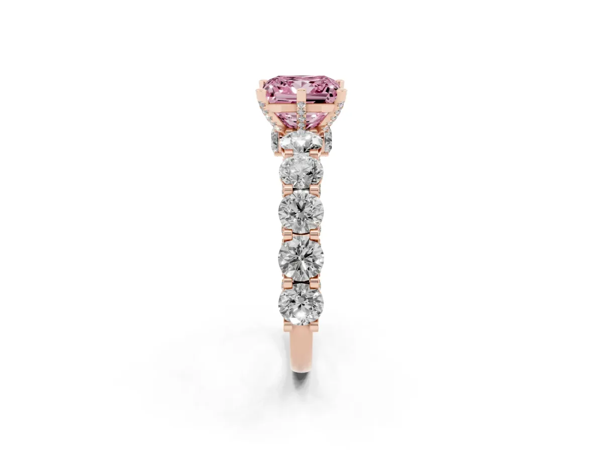 Fancy Pink Princess Cut Diamond Side Stone Engagement Ring with Four-Prong Setting Rose gold