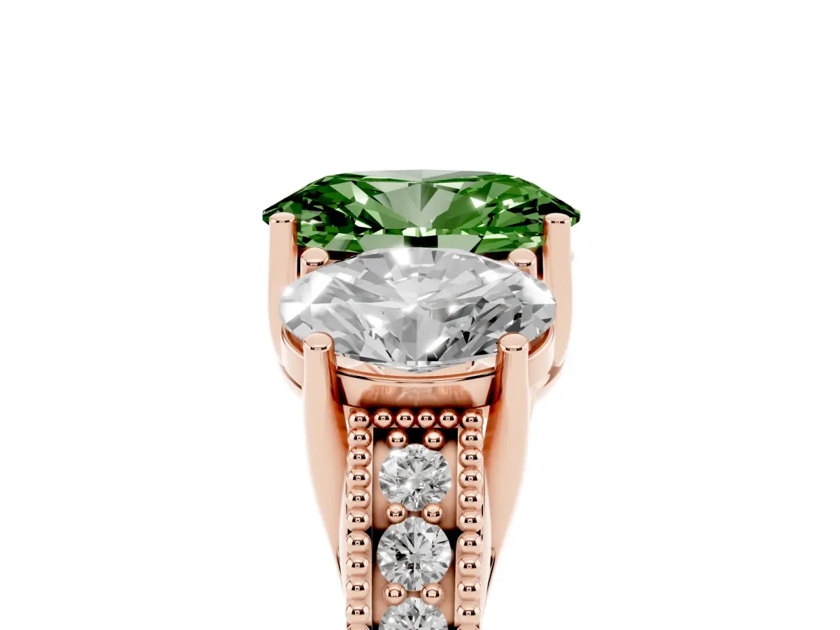 Fancy Green Three-Stone Oval Cut Cut Milgrain Pavé Engagement Ring Rose gold